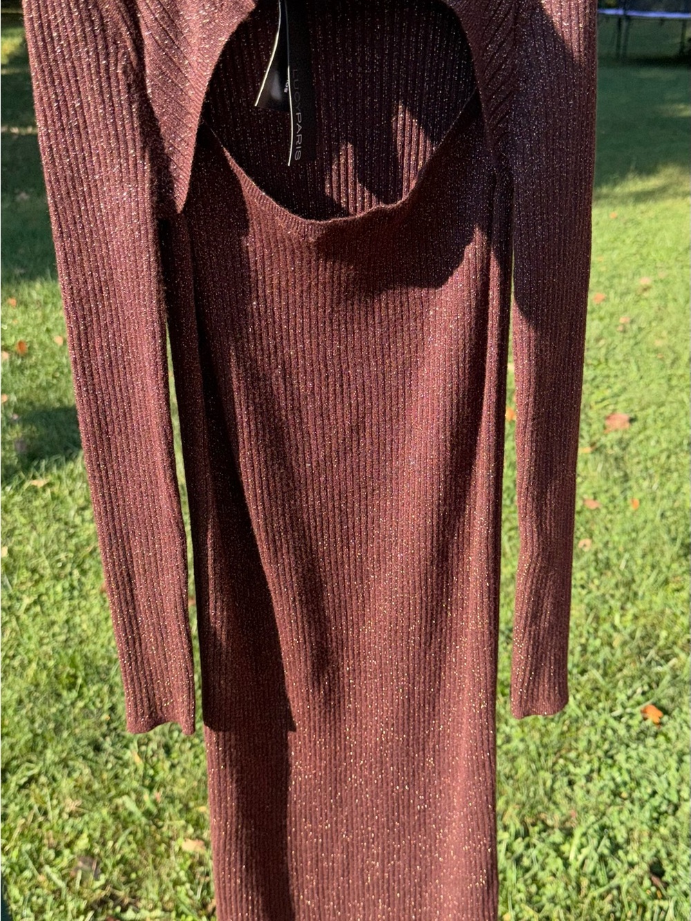 Lucy Paris Shimmery Brown Ribbed Long Sleeve Midi Dress